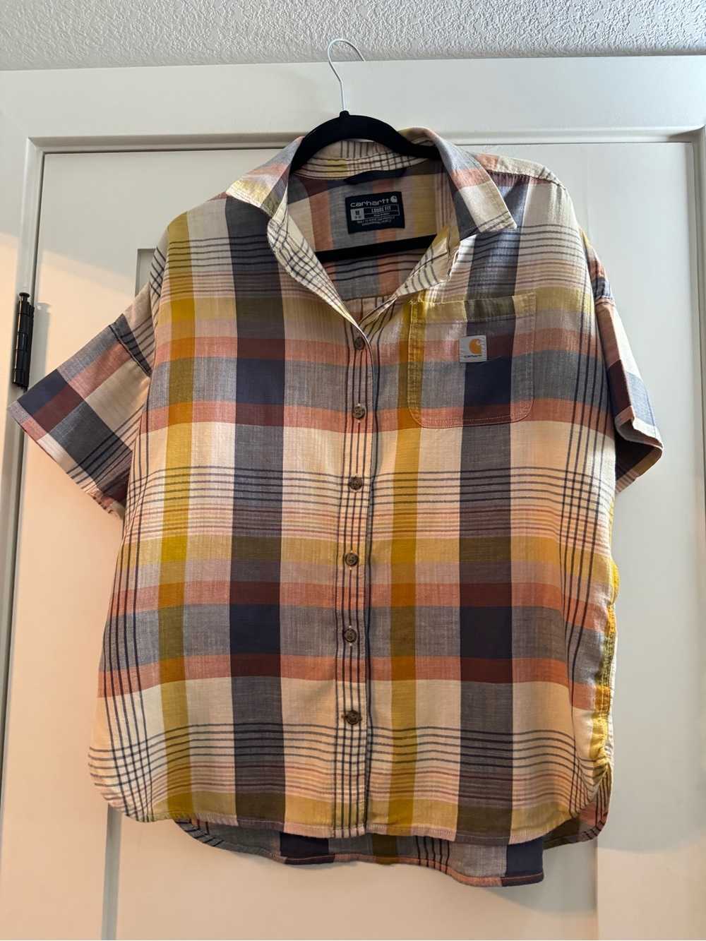 Women’s Carhartt Short Sleeve Plaid Button-Up Shirt - Yellow, Blue, Brown